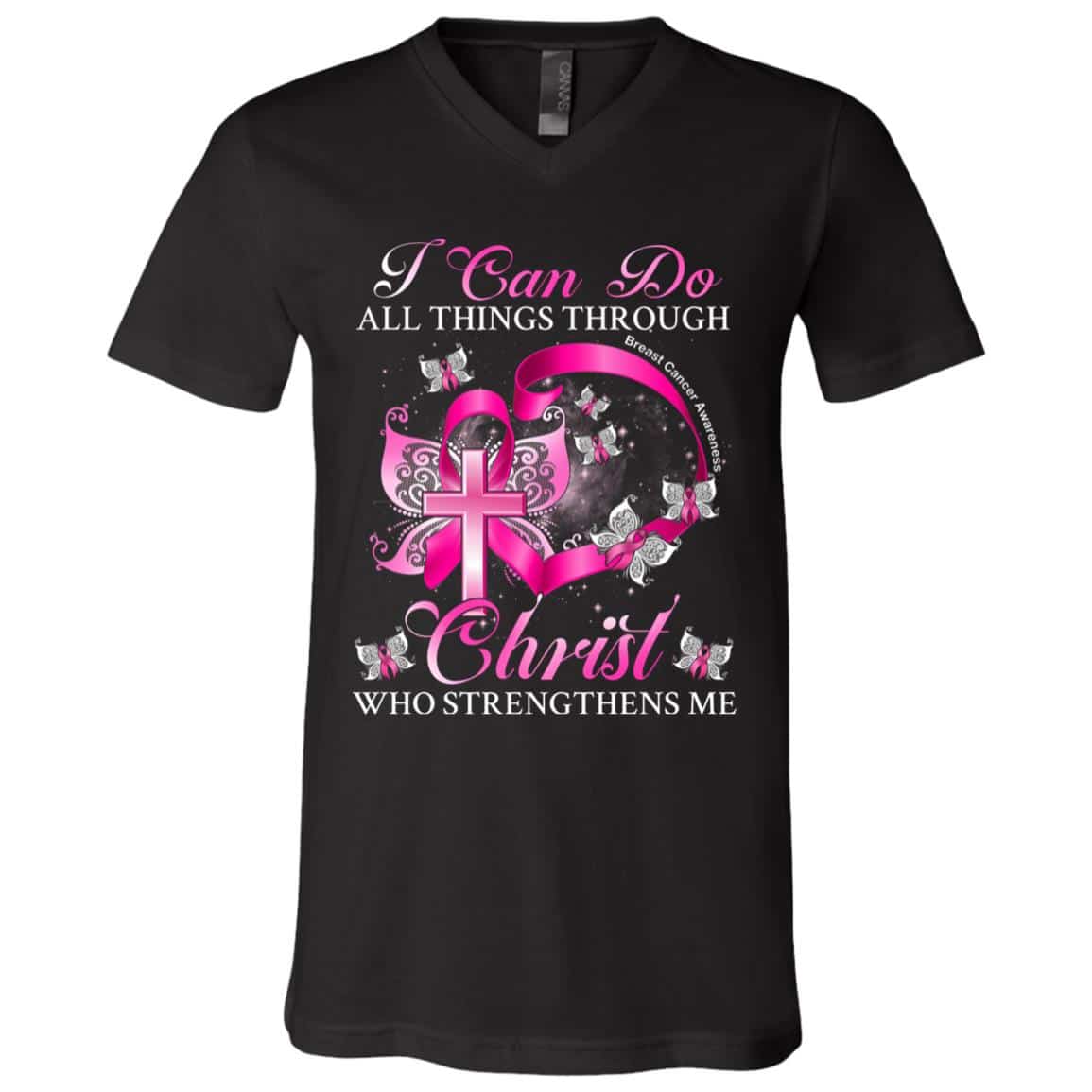 3VT. I Can Do All Things Breast Cancer, Black, V-Neck T-Shirt