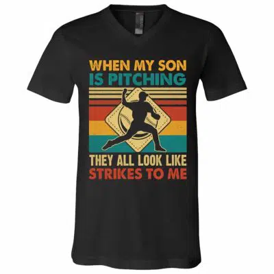 6VT. When My Son Is Pitching, Black, V-Neck T-Shirt