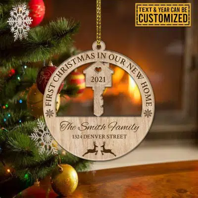 Personalized First Christmas In Our New Home Custom Shaped Wooden Key Christmas Ornament