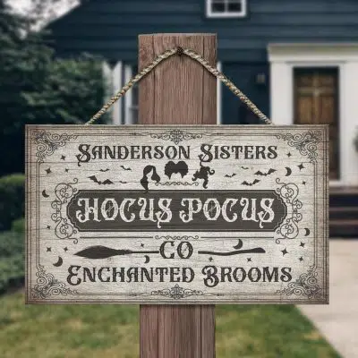 Hocus Co Enchanted Brooms Decorative Rectangle Wooden Door Sign - Front Porch Sign Indoor Outdoor Decor Farmhouse