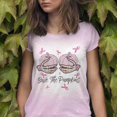 Save The Pumpkins Sublimation Bleached T-Shirt -  Pink Ribbon Bleached Shirt