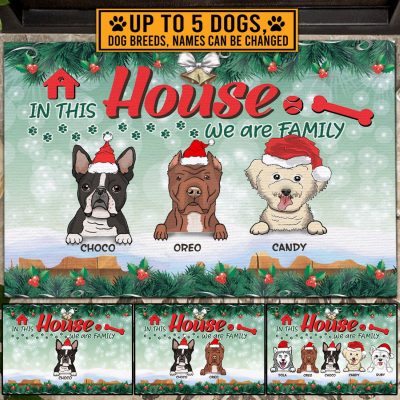 Personalized Dog Breeds in This House We Are Family Christmas Entrance Indoor Outdoor Decorative Doormat
