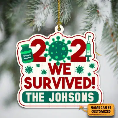 Alternative view of Personalized Family Name 2021 We Survived Decorative Custom Shaped Wooden Christmas Ornament Keepsake