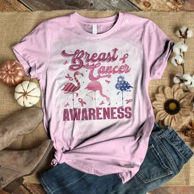 Breast Cancer Awareness American Flamingo Sublimation Bleached T-Shirt - Pink Ribbon Cancer Shirt