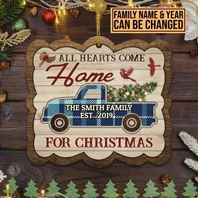 Alternative view of All Hearts Come Home For Christmas Custom Shaped Wooden Christmas Ornament - Personalized Family Name Ornament