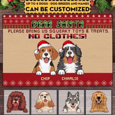 Alternative view of Custom Dog Breeds Dear Santa Please Bring Us Squeaky Toys And Treats No Clothes House Doormat - Outdoor Doormat