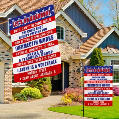 Alternative view of Let's Go Brandon Boys Can't Become Girls J Biden Is A Vegetable Conservative Garden Flag - Anti Biden House Flag