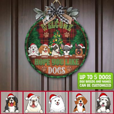 Alternative view of Custom Dog Breeds Christmas Sign Welcome Hope You Like Dog Decorative Circle Wooden Door Sign - Front Porch Sign