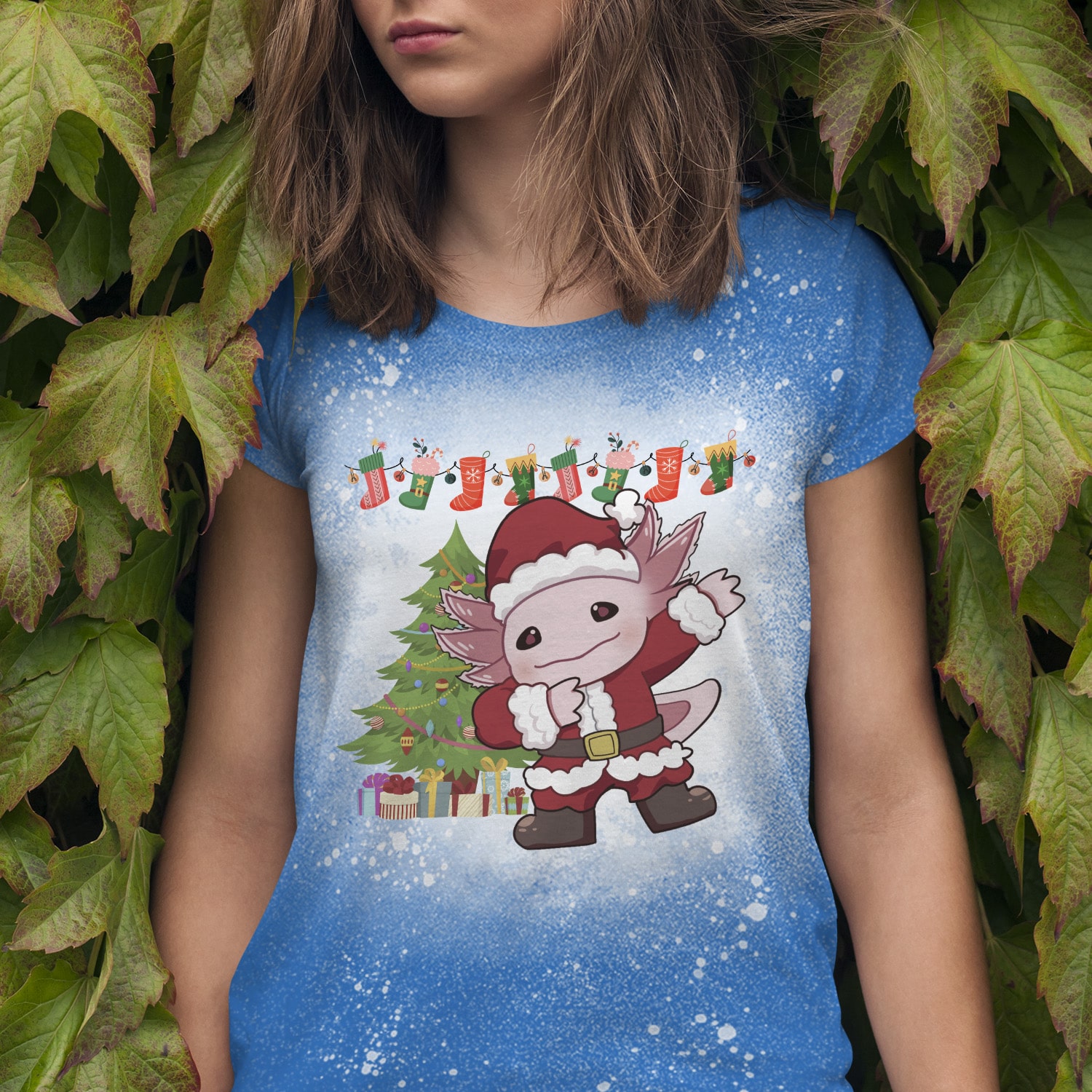 3Th. Axolotl dabbing as christmas (bleached tee) Bleached Mockup 4
