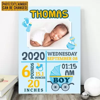 Custom Photo Baby Birth Stats Gallery Wrapped Framed Canvas Print - Home Decor Wall Art - Poster
