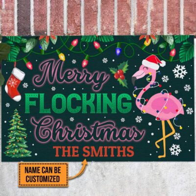 Personalized Family Name Merry Flocking Christmas Pink Flamingo Doormat - Funny Merry Christmas Doormat