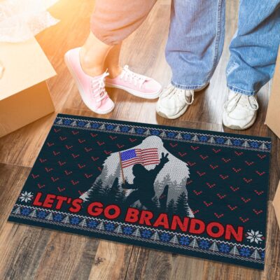 Alternative view of Let's Go Brandon Funny Bigfoot American Flag House Doormat - Funny Biden Outdoor Indoor Doormat