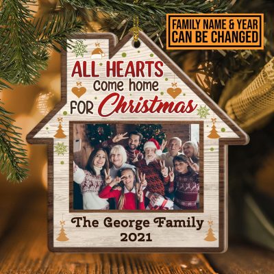 Alternative view of Personalized Family Photo All Hearts Come Home For Christmas Ornament - Family Picture Frame Christmas Ornament