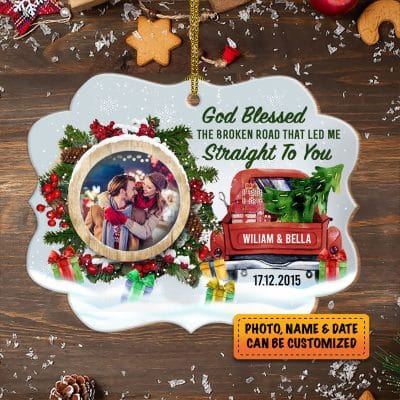 Alternative view of Custom Photo God Blessed The Broken Road That Led Me Straight To You Red Truck Custom Shaped Wooden Christmas Ornament