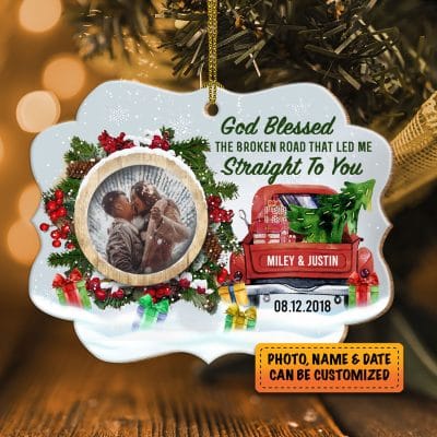 Custom Photo God Blessed The Broken Road That Led Me Straight To You Red Truck Custom Shaped Wooden Christmas Ornament