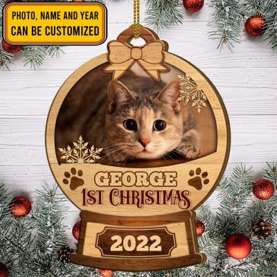 First Christmas Snowball Personalized Photo Pet Dog Cat Custom Shaped Wooden Christmas Ornament Keepsake