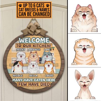 Alternative view of Personalized Cat Breeds Welcome to Our Kitchen Many Have Eaten Here Few Have Died Decorative Circle Wooden Door Sign