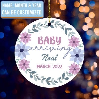 Alternative view of Personalized Baby Arriving Pregnancy Reveal Christmas Ornament - Custom Baby Name Announcement Ornament