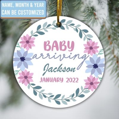 Personalized Baby Arriving Pregnancy Reveal Christmas Ornament - Custom Baby Name Announcement Ornament