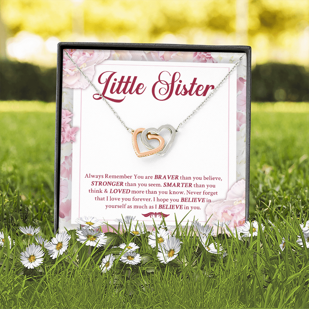 Little Sister Always Remember You Are Braver Than You Believe Stronger Than You Seem Interlocking Hearts Pendant Necklace
