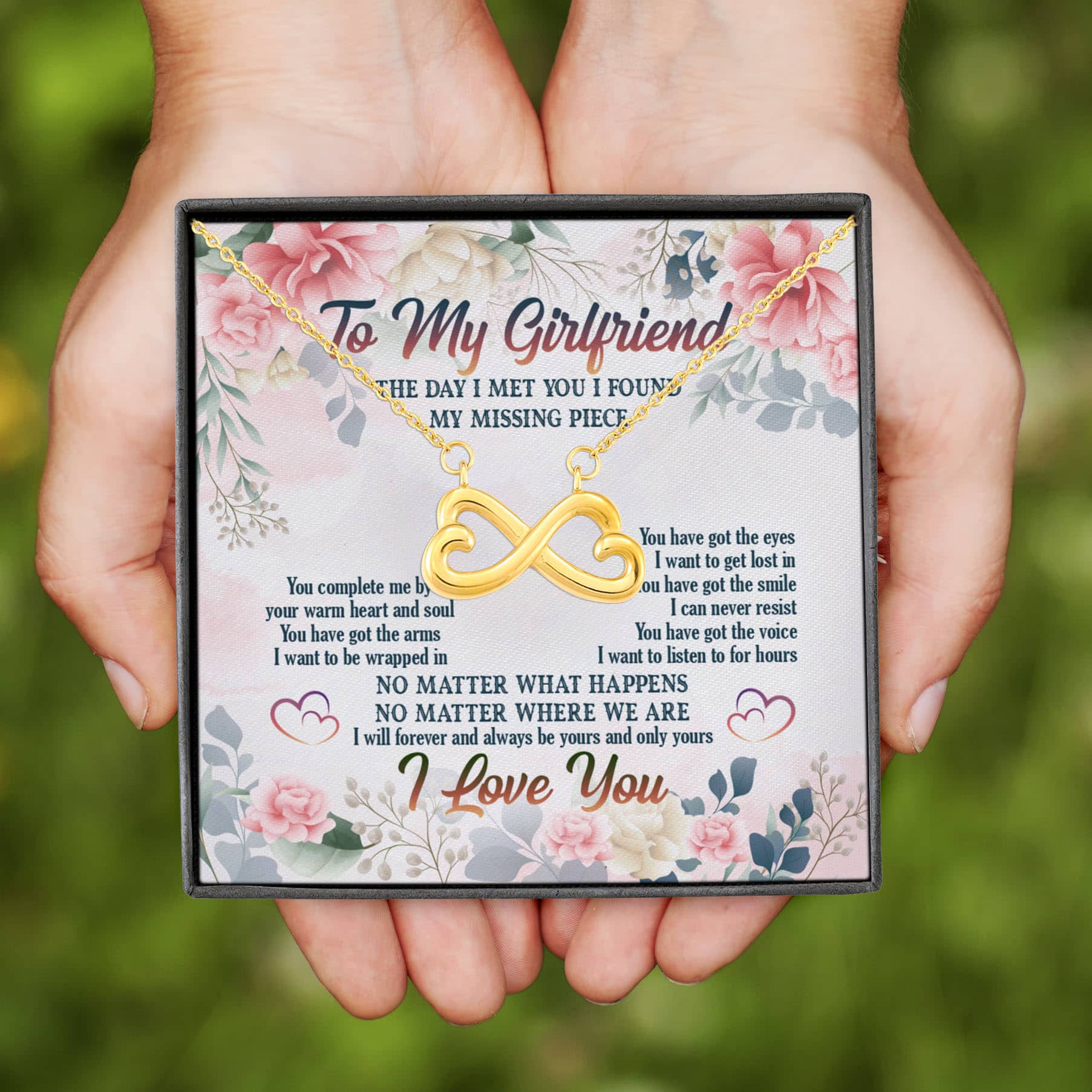 1BN. Missing Piece card Infinity Heart Necklace (Gold)