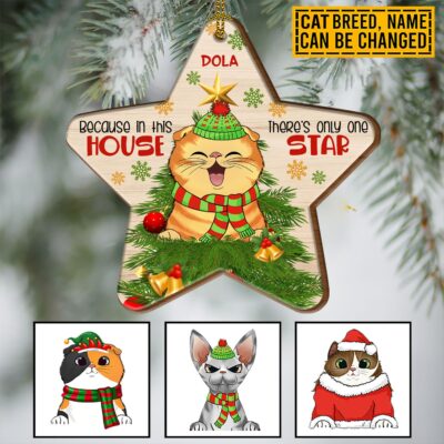 Alternative view of Personalized Cat Breeds Because In This House There's Only One Star Custom Shaped Wooden Christmas Ornament