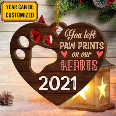 Alternative view of Personalized You Left Paw Prints On Our Hearts Pet Dog Cat Memorial Custom Shaped Wooden Christmas Ornament