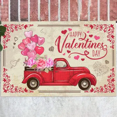 Happy Valentine's Day Red Truck Outdoor Indoor Doormat Entrance - Welcome Doormat Valentine's Day Decoration