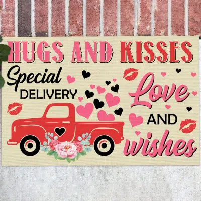 Hugs And Kisses Special Delivery Love And Wishes Valentine's Day Red Truck Outdoor Indoor Doormat Entrance