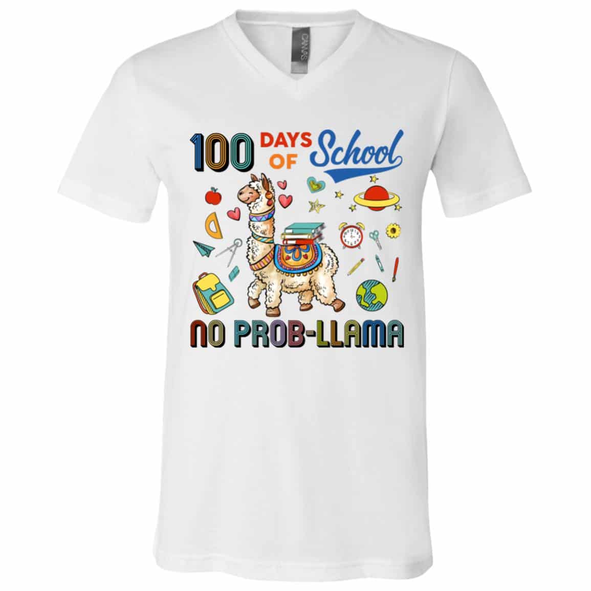 3Th. 100 Days Of School Llama, White, V-Neck T-Shirt