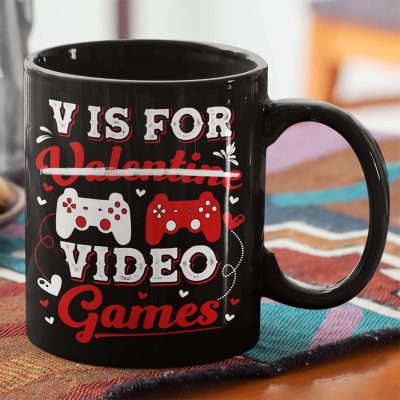 Alternative view of V Is For Video Games Funny Valentine Ceramic Coffee  Mug - Water Bottle