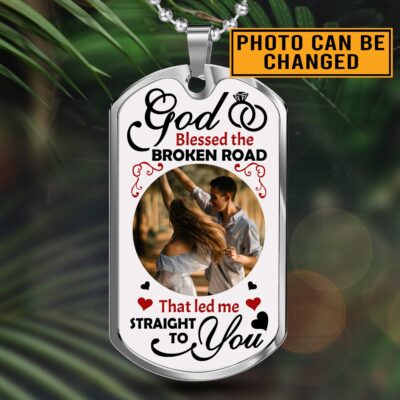 Alternative view of Custom Photo God Blessed The Broken Road Anniversary Dog Tag Pendant Necklace - Personalized Couple Necklace