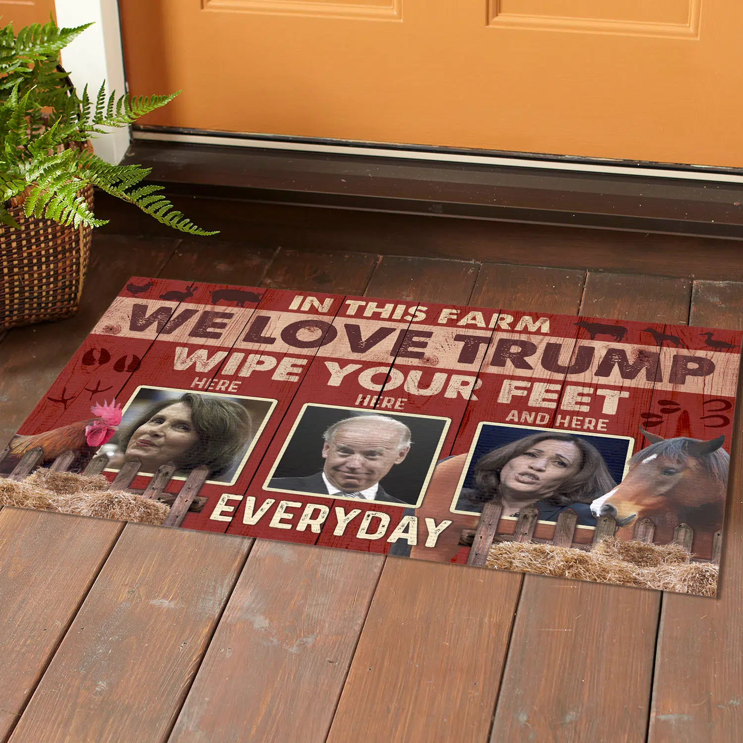 3VT. In This Farm We Love Trump Doormat Mockup 1