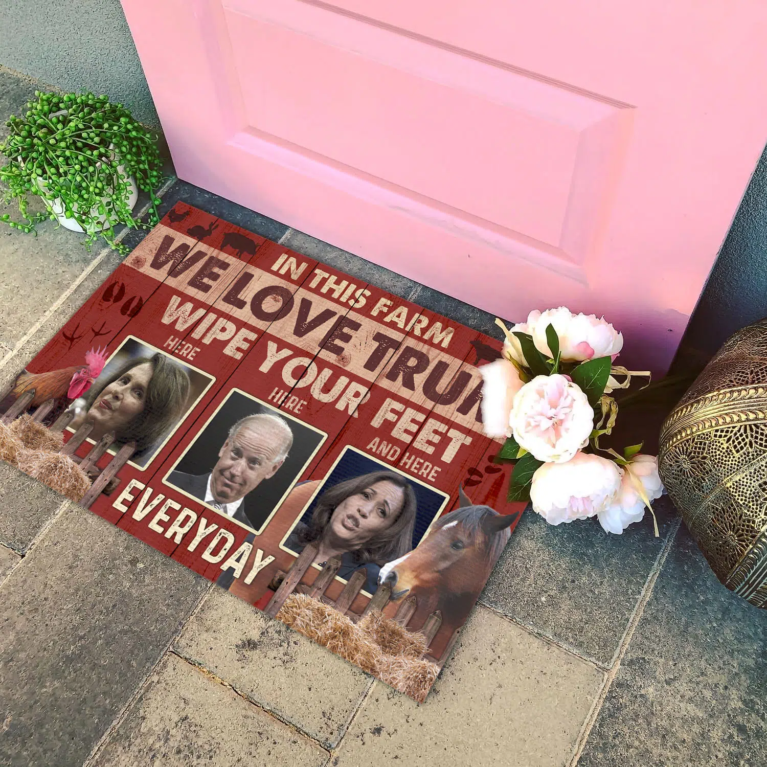 3VT. In This Farm We Love Trump Doormat mockup 4