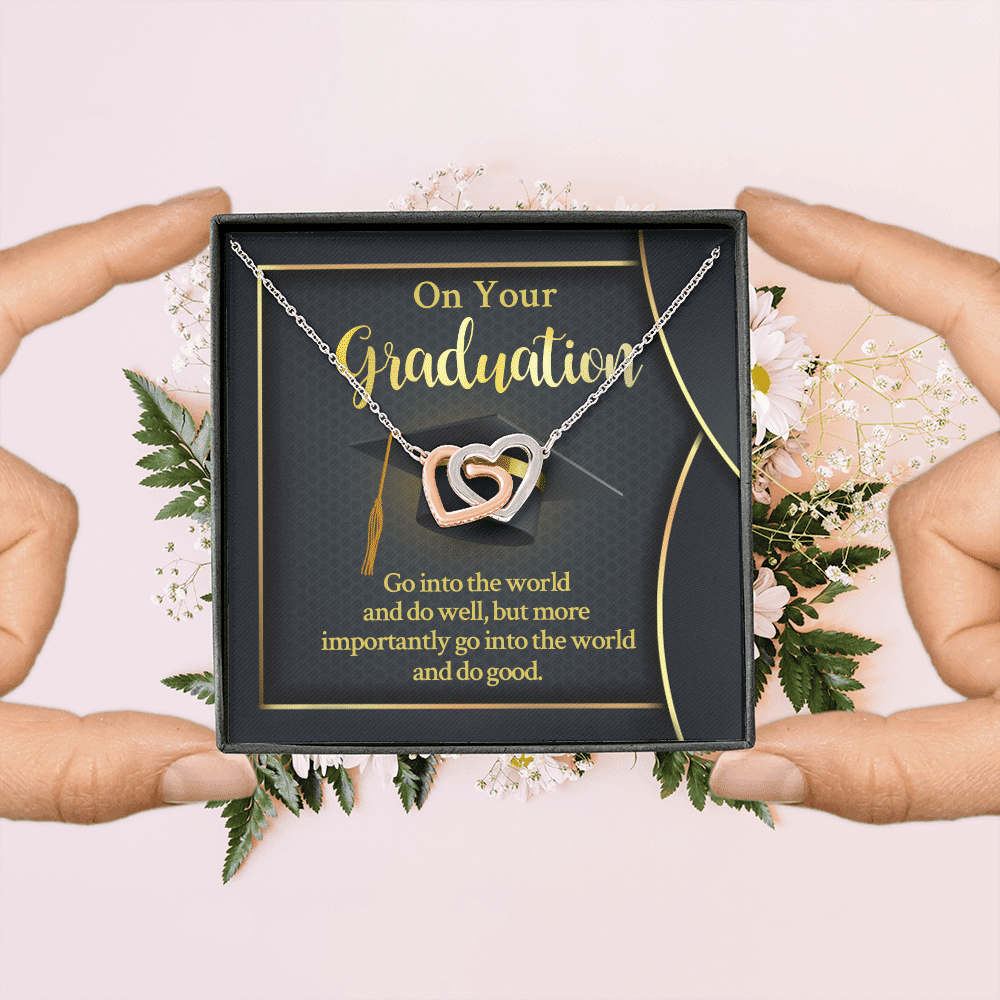 On Your Graduation Go Into The World And Do Well Interlocking Hearts Pendant Necklace