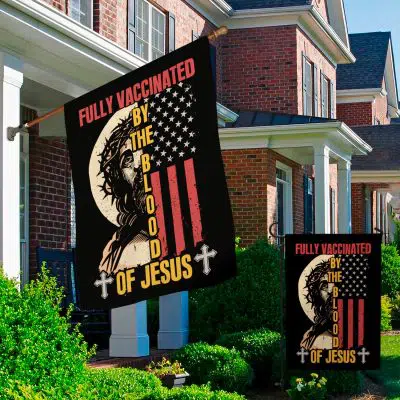 Alternative view of Fully Vaccinated By The Blood Of Jesus Outdoor Indoor Decorative Garden Flag - House Flag - Wall Flag