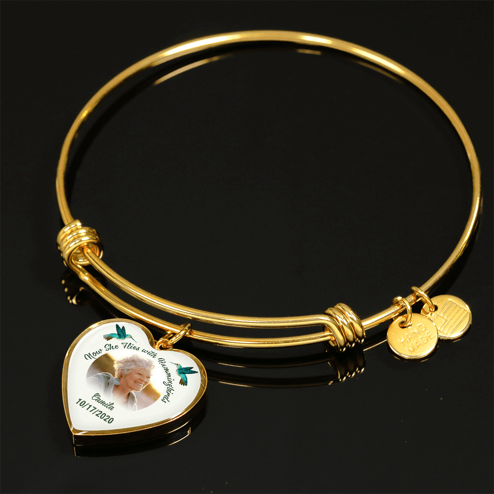 Custom Photo Now She Flies With Hummingbirds Memorial Heart Pendant Necklace - Bangle - Loving Memory Bangle