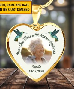 Alternative view of Custom Photo Now She Flies With Hummingbirds Memorial Heart Pendant Necklace - Bangle - Loving Memory Bangle