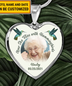 Custom Photo Now She Flies With Hummingbirds Memorial Heart Pendant Necklace - Bangle - Loving Memory Bangle