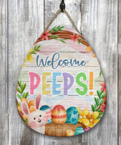 Alternative view of Welcome Peeps Easter Wooden Door Sign Hanger Bunny Hanging Door Decorations