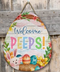 Welcome Peeps Easter Wooden Door Sign Hanger Bunny Hanging Door Decorations