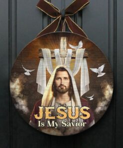 Alternative view of Jesus Is My Savior Cross Wooden Door Sign Hanger - Jesus Christ Door Sign - Religious Christian Circle Door Sign