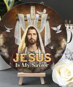 Jesus Is My Savior Cross Wooden Door Sign Hanger - Jesus Christ Door Sign - Religious Christian Circle Door Sign