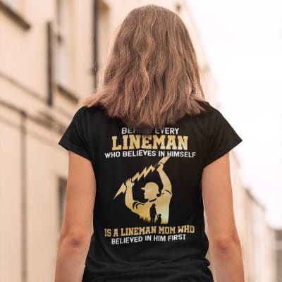 Alternative view of Behind Every Lineman Who Believes In Himself Is A Lineman Mom Who Believed In Him First Print On Back T-Shirt - V-Neck