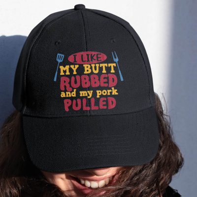 Alternative view of BBQ I Like My Butt Rubbed and My Pork Pulled Twill Cap - High-Profile Snapback Hat