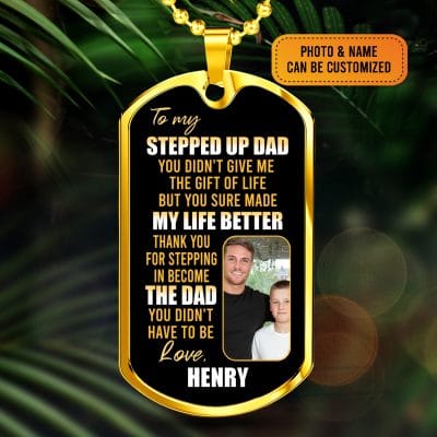 Personalized Photo To My Stepped Up Dad Thank You For Stepping Dog Tag Pendant Necklace