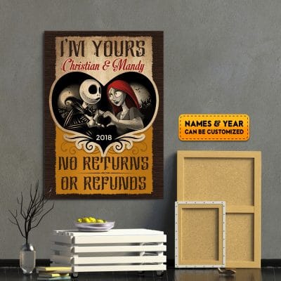 Alternative view of Personalized I'm Yours No Returns or Refund Jack and Sally Nightmare Canvas Poster - Customized Couple Nightmare Wall Art Decor