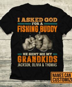 Personalized I Asked God For A Fishing Buddy He Sent Me My Grandkids Vintage T-Shirt - Custom Grandpa Fishing Gifts