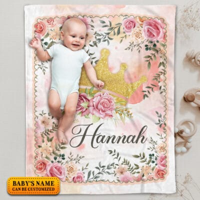 Personalized Name Flower Queen Baby Blankets - Baby Blanket for Girls with Name - Custom Gift for Baby - Fleece, Sherpa Baby Blanket