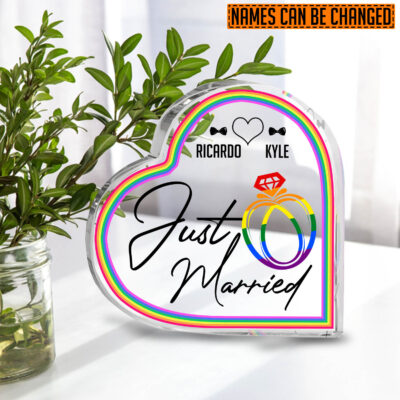 Alternative view of Personalized LGBT Wedding Just Married Heart Acrylic Plaque - Gay Wedding Two Husbands Gift